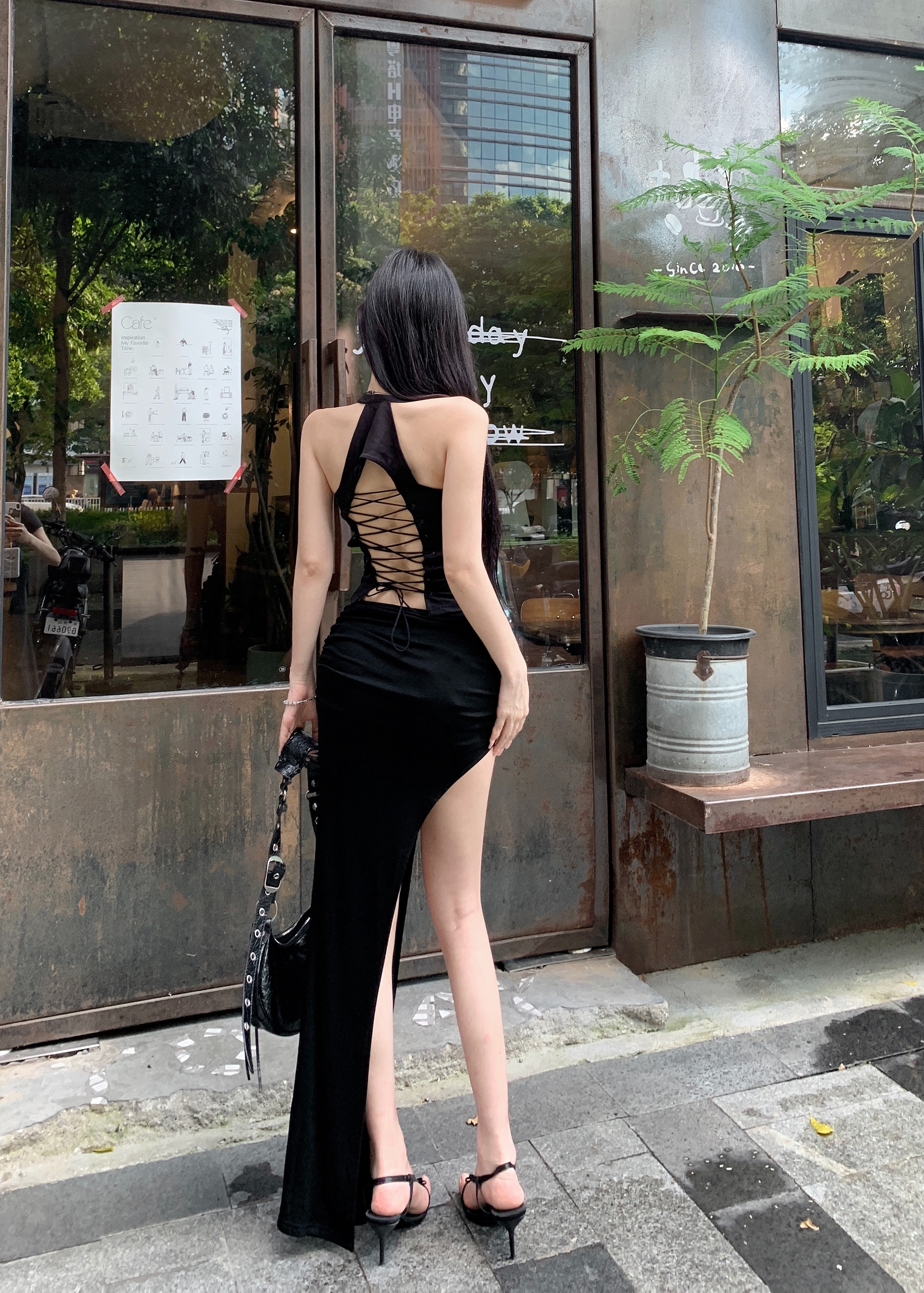 Real shot of American sexy hottie strappy backless halter top + irregular skirt suit for women