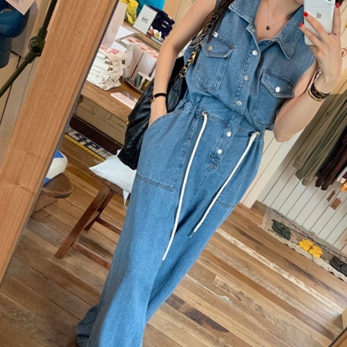 Slim casual lapel buttoned drawstring sleeveless jumpsuit jeans