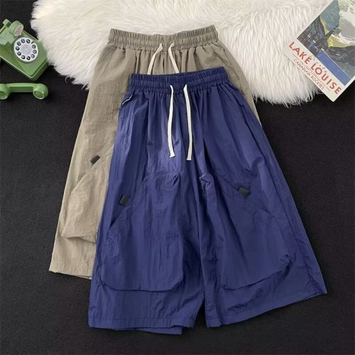 Japanese retro functional outdoor large pocket drawstring cropped pants thin summer versatile loose wide-leg pants for men and women