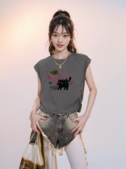 Right shoulder sleeveless waistcoat short-sleeved t-shirt for women summer small flying sleeves pinch waist design niche vest short top