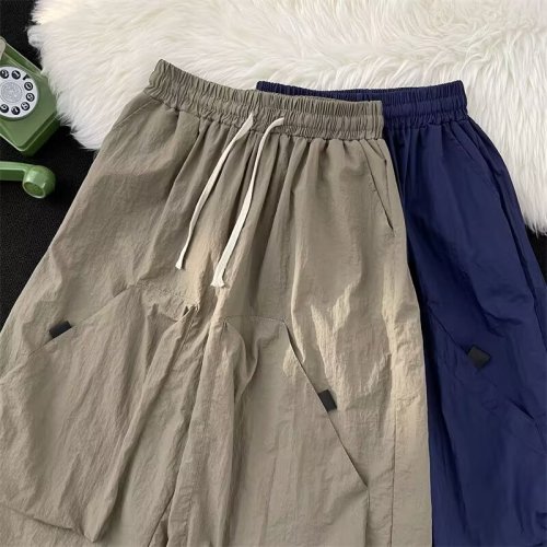 Japanese retro functional outdoor large pocket drawstring cropped pants thin summer versatile loose wide-leg pants for men and women