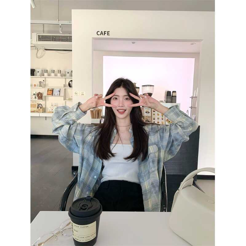 美式復古設計感格子襯衫女夏季2024新款休閒開衫薄款防曬襯衣外套