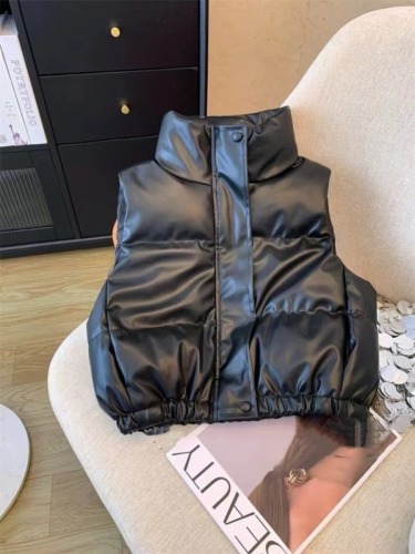 Autumn and winter new PU leather simple down cotton vest 2024 winter new style foreign style student small stand-up collar solid color jacket