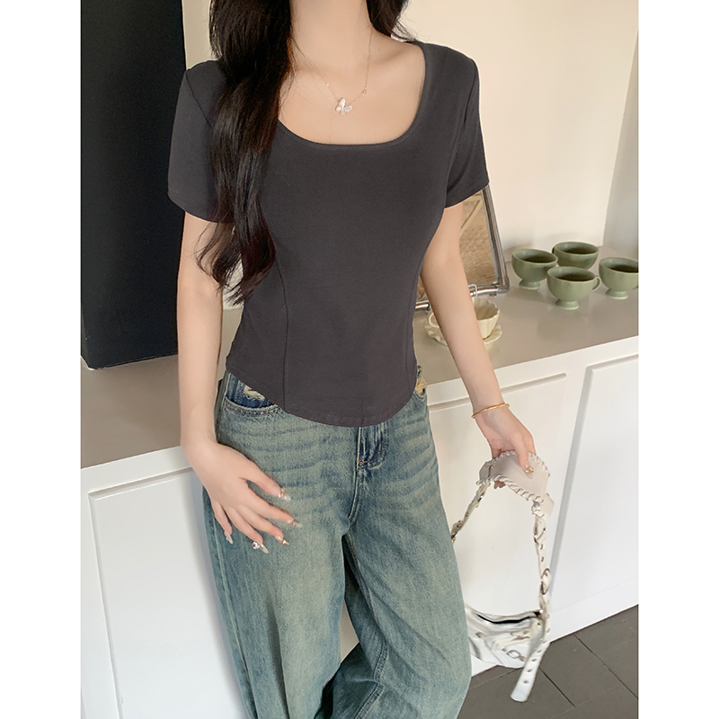 Shot Pure Desire Square Collar Short Sleeve T-shirt for Women Summer Design Style Slimming Fishbone Line Versatile Top