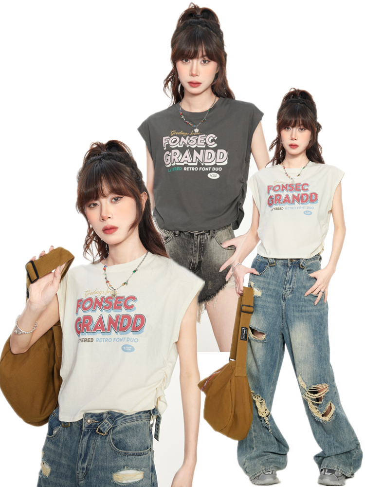 American style right shoulder short-sleeved T-shirt for women summer outer wear vest design niche loose short vest sleeveless top