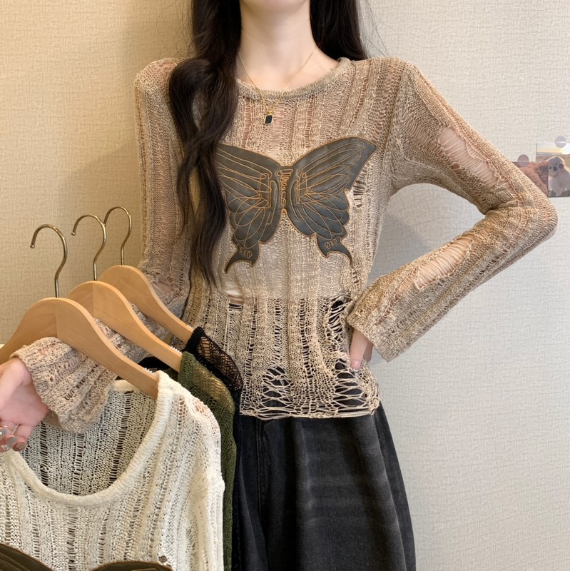 Photographed New Design Style Niche Butterfly Embroidered Hole Sunscreen Thin Mesh Long Sleeve Knit Top