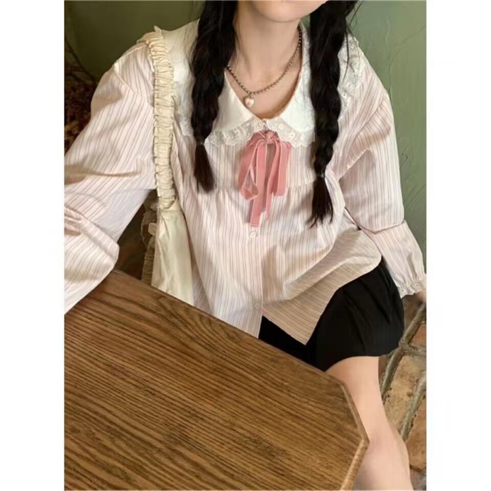 Women's Loose Casual Matchable Elegant Long-Sleeve Plaid Shirt with Pleated Collar and Belt