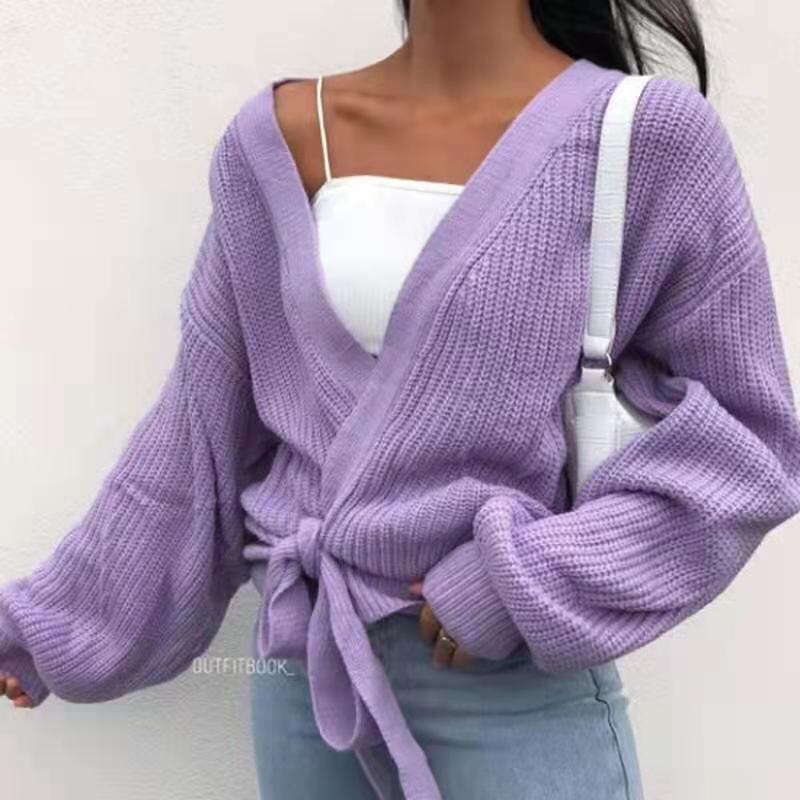Amazon AliExpress Slim Sexy V-neck Waist Belted Sweater 2024 Autumn and Winter Cross Wrap Chest Sweater for Women