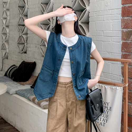 Actual shot ~ New round neck retro loose outer layered denim vest vest waistcoat top for women