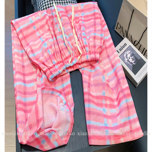 Pink plaid wide-leg pants for women 2024 new summer thin high-waist drape loose age-reducing casual pants