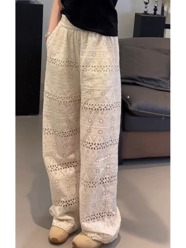 Summer thin high-waisted lace hollow floor-length wide-leg pants for women, loose slimming casual straight pants trendy