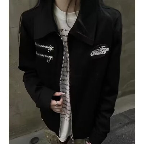 American retro black zipper decorated basic lapel work jacket for men and women spring and autumn new design jacket trendy