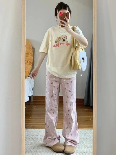 Dopamine Girl Pink Bear Print Women's Summer Plus Size High-Waist Loose Wide Leg Bell-bottom Pants