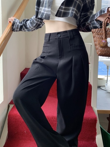 Real shot of high-waist design straight wide-leg casual pants for women