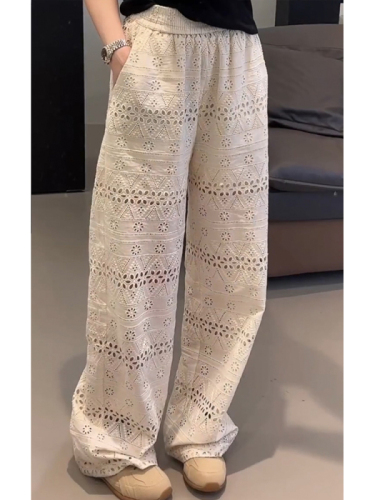 Summer thin high-waisted lace hollow floor-length wide-leg pants for women, loose slimming casual straight pants trendy