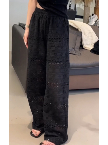 Summer thin high-waisted lace hollow floor-length wide-leg pants for women, loose slimming casual straight pants trendy