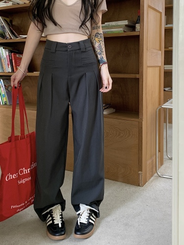 Real shot of high-waist design straight wide-leg casual pants for women