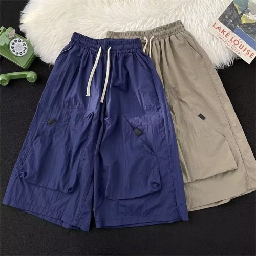 Japanese retro functional outdoor large pocket drawstring cropped pants thin summer versatile loose wide-leg pants for men and women