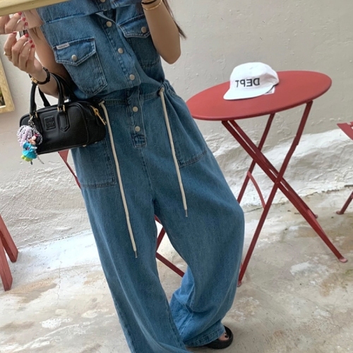 Slim casual lapel buttoned drawstring sleeveless jumpsuit jeans