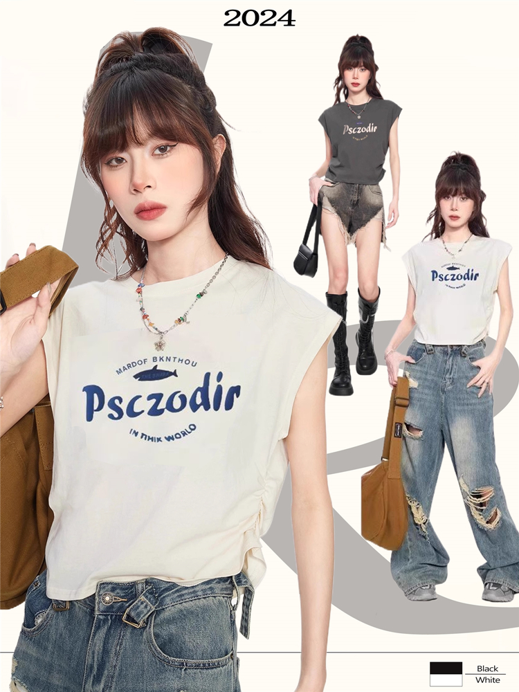American style right shoulder short-sleeved T-shirt for women summer outer wear vest design niche loose short vest sleeveless top