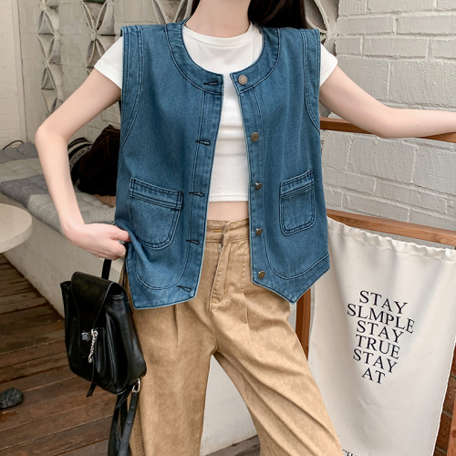 Actual shot ~ New round neck retro loose outer layered denim vest vest waistcoat top for women