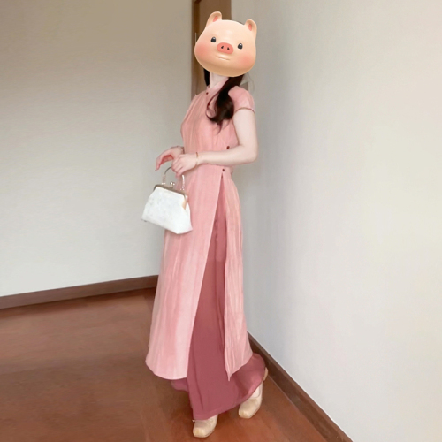 2024 new Chinese style retro improved cheongsam dress women's summer temperament pink long skirt suit