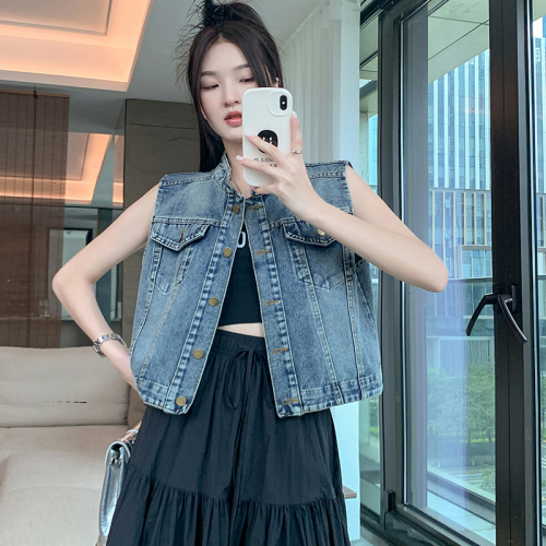 Actual shot~ Summer new style round neck denim vest women's short loose sleeveless jacket vest