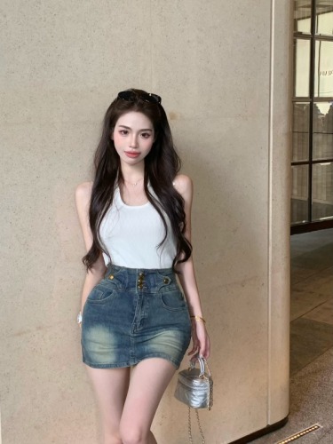 Real shot!  American retro hottie high-waist slim hip skirt washed denim skirt short skirt culottes