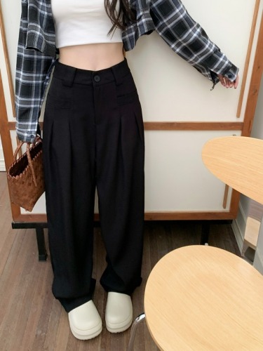 Real shot of high-waist design straight wide-leg casual pants for women