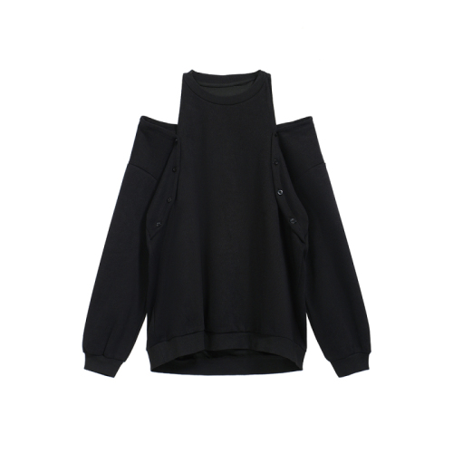 Actual shot of 2024 autumn new design off-the-shoulder sweatshirt for women, slim and sexy, lazy style black and gray top