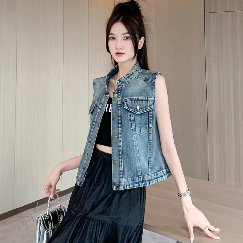 Actual shot~ Summer new style round neck denim vest women's short loose sleeveless jacket vest