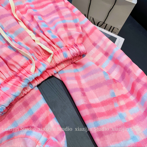 Pink plaid wide-leg pants for women 2024 new summer thin high-waist drape loose age-reducing casual pants