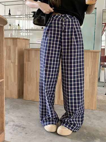 Wu 77 Korean style buttoned plaid wide-leg casual pants for women, lazy style texture, loose and slim, floor-length trousers for summer