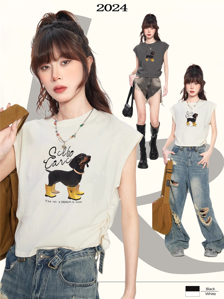 American style right shoulder short-sleeved T-shirt for women summer outer wear vest design niche loose short vest sleeveless top