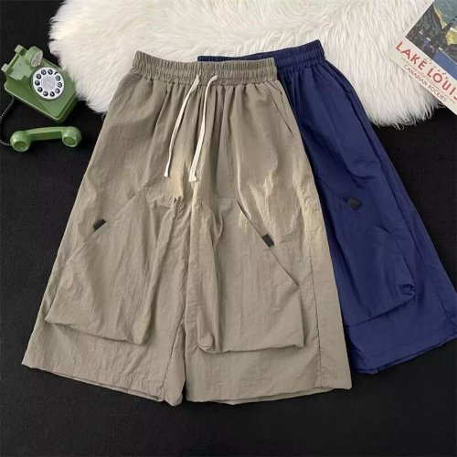 Japanese retro functional outdoor large pocket drawstring cropped pants thin summer versatile loose wide-leg pants for men and women