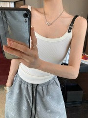 Hot niche unique leather buckle shoulder strap sleeveless racer vest for women summer outer wear American hot girl top