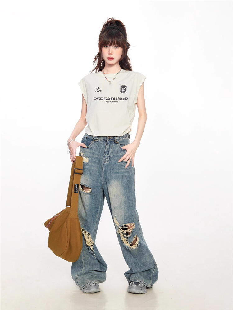 American style right shoulder short-sleeved T-shirt for women summer outer wear vest design niche loose short vest sleeveless top