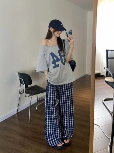 Wu 77 Korean style buttoned plaid wide-leg casual pants for women, lazy style texture, loose and slim, floor-length trousers for summer