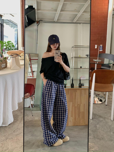 Wu 77 Korean style buttoned plaid wide-leg casual pants for women, lazy style texture, loose and slim, floor-length trousers for summer
