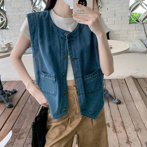 Actual shot ~ New round neck retro loose outer layered denim vest vest waistcoat top for women