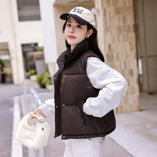 Real shot of stand-up collar sleeveless vest cotton coat for women in autumn and winter new style waist slimming versatile drawstring cotton coat