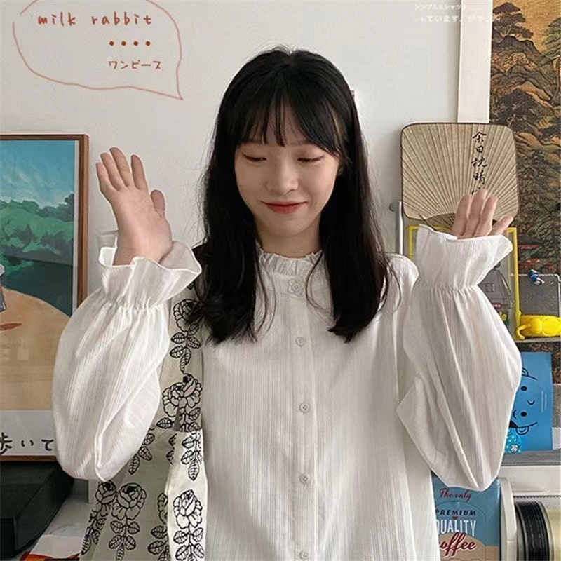 韓版清新甜美花邊拼接長袖襯衫