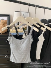 2024 New Hot Niche Unique Leather Buckle Shoulder Strap Sleeveless Racer Vest Women’s Summer Outerwear American Hot Girl Top