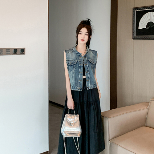 Actual shot~ Summer new style round neck denim vest women's short loose sleeveless jacket vest