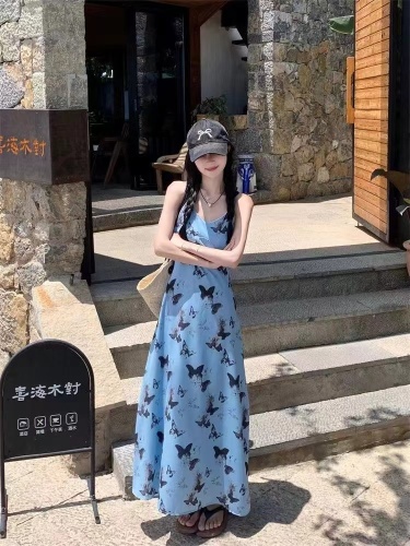 Retro New Chinese Butterfly Blue Dress Summer New Slim Fashionable Over-the-Knee Suspender Dress Young and Simple