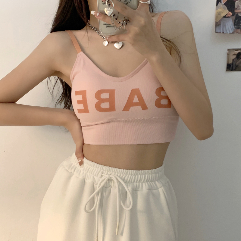 Actual shot of Korean style letter sports bra without rims push-up bra for beautiful back, thin vest with breast pads