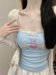 Not a real shot, full of girly feeling, cute bm style printed lace bow suspender top with breast pads