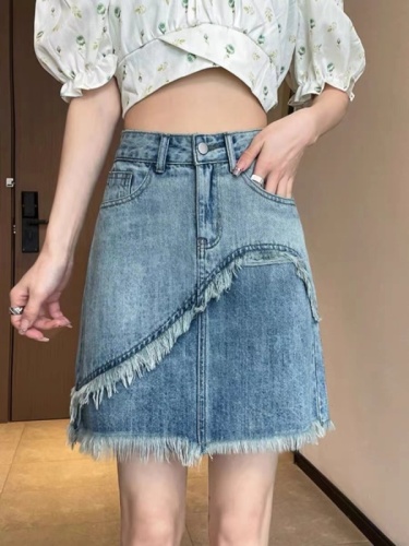 Official picture of high-waisted denim skirt for women, new summer style, versatile, slimming design, A-line hip-hugging short skirt