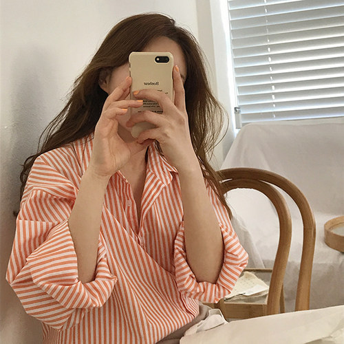 Korean chic niche simple lapel single-breasted loose top versatile casual white orange striped shirt for women