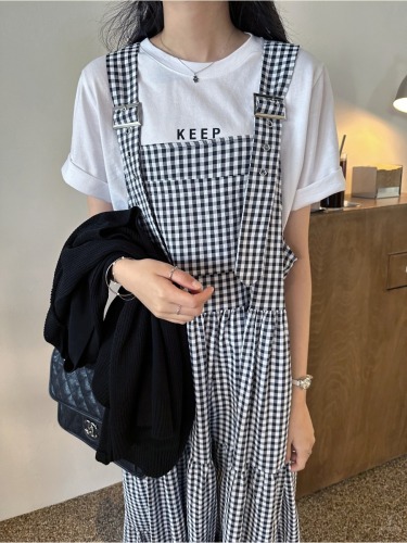 Size update chic Korean style summer casual fashion retro age-reducing plaid sleeveless suspender dress